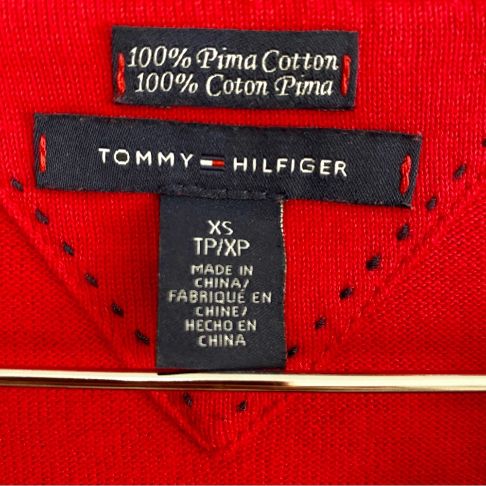 Tommy Hilfiger Red Argyle V-Neck Sweater 100% Pima Cotton XS Preppy - Picture 5 of 8